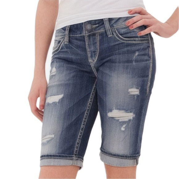 Silver Jeans Aiko Mid Bermuda Blue Denim Jeans Shorts Size 31 - Picture 1 of 9